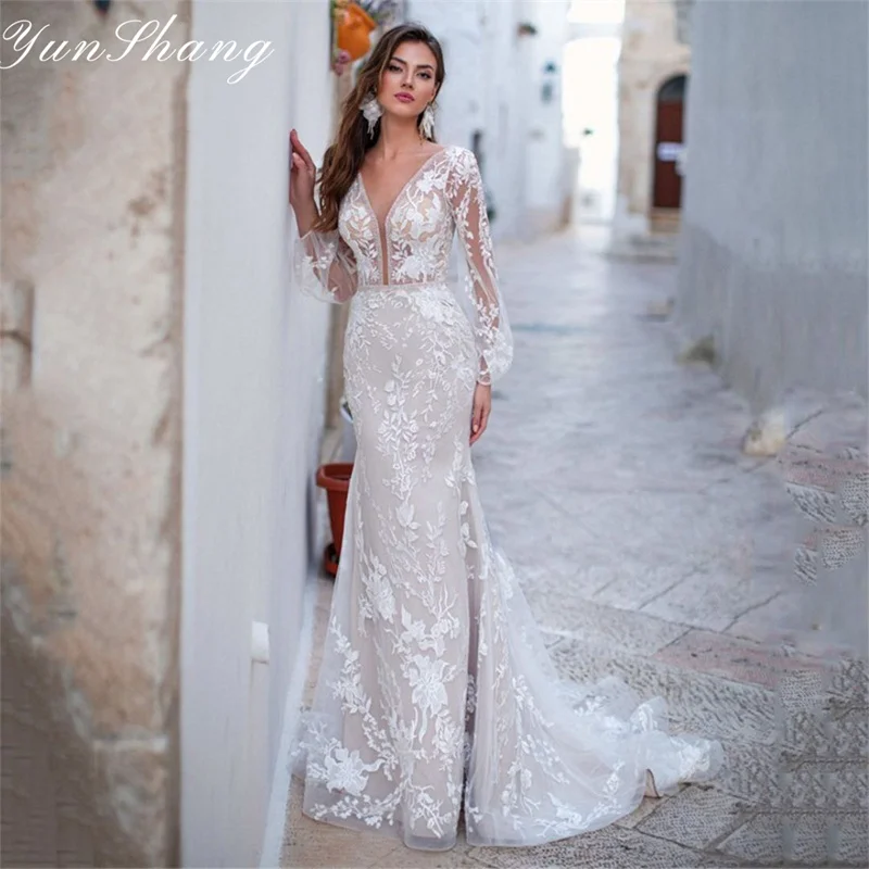 

Yunshang Luxury Mermaid Wedding Dress Women Long Sleeve V-Neck Open Back Lace Applique Bridal Gown Sweep Train Vestidos De Novia