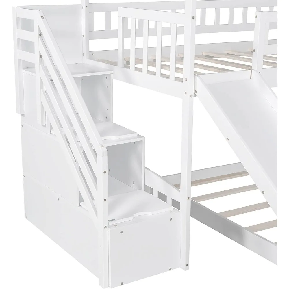 Description Picture 6 of itemTwin Over Twin Toddler House Bunk Bed with Slide and Ladder, Wooden House Bunk Bed Frame with Stairs Drawers for Girls Boys