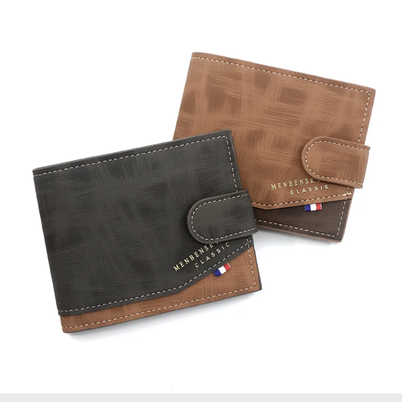 New pattern Men's wallet Korean version gold stamping printing short style buckle hinge three fold bag frosted men's wallet