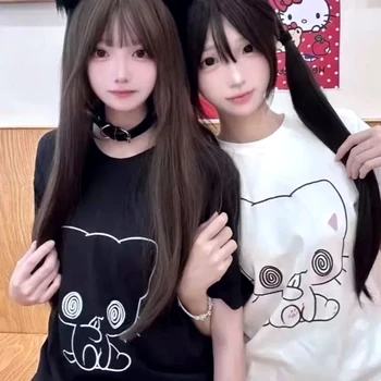 Japanese Subculture Kawaii Cartoon Cat Print T-shirts Summer Popular Harajuku Short-sleeved Tees Women's Loose Casual Cute Tops 1