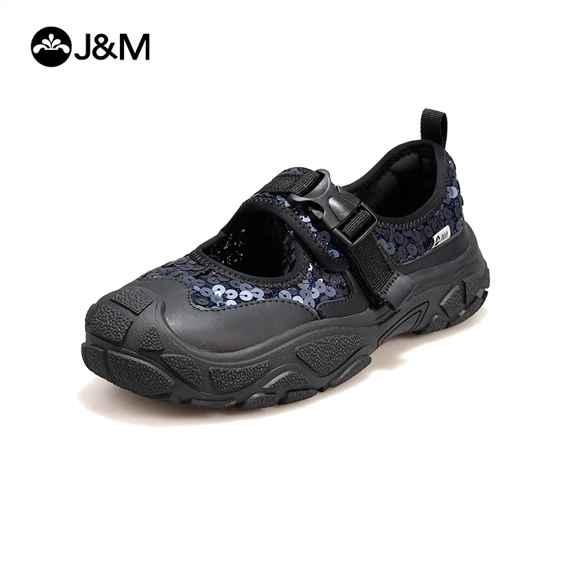 

J&M Women Breathable Sandals Black Sneakers Fashion Sequins Casual Shoes Summer Lady Soft Lightweight Beach Walking Shoes