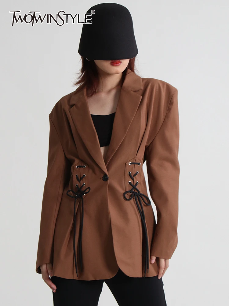 

TWOTWINSTYLE Lace Up Blazers For Women Notched Collar Long Sleeve Slim Solid Single Breasted Blazer Female Autumn Clothing 2022