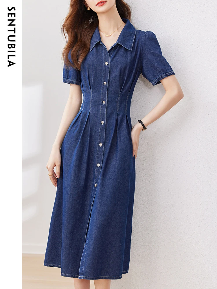 Sentubila Vintage Button Front Denim Dresses for Women 2023 Short Puff Sleeve Waisted Fashion Midi Jean Shirt Dress with Pockets