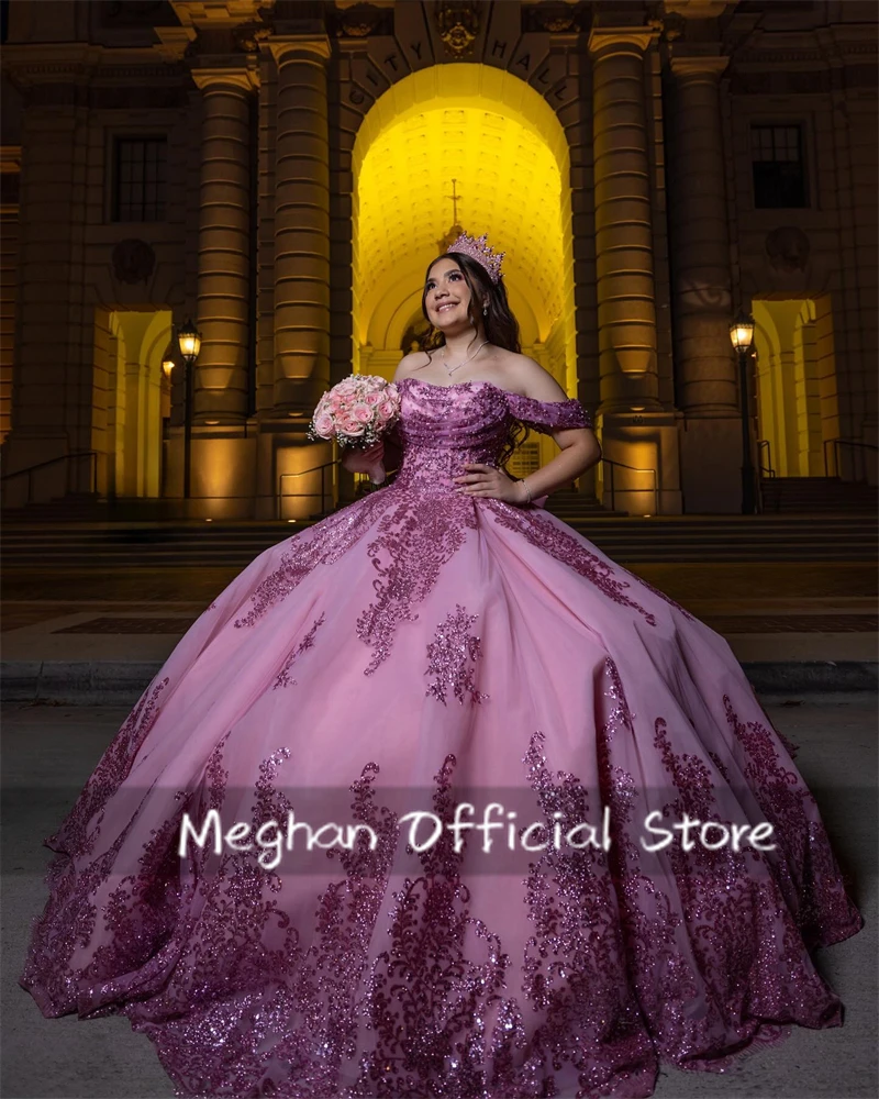 Pink Off Shoulder Bow Quinceanera Dress Ball Gown Bead Appliques Birthday Luxury Dress Sequin Graduation Gown Customized