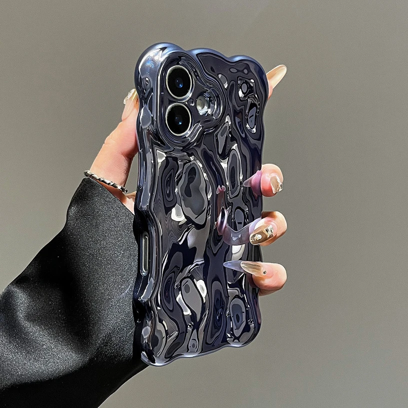 Glossy Wrinkle Plating Wave Border Case for iPhone 16 15 17 Pro Max Air Plus 11 12 13 14 Meteorite Pattern Soft Silicone Cover