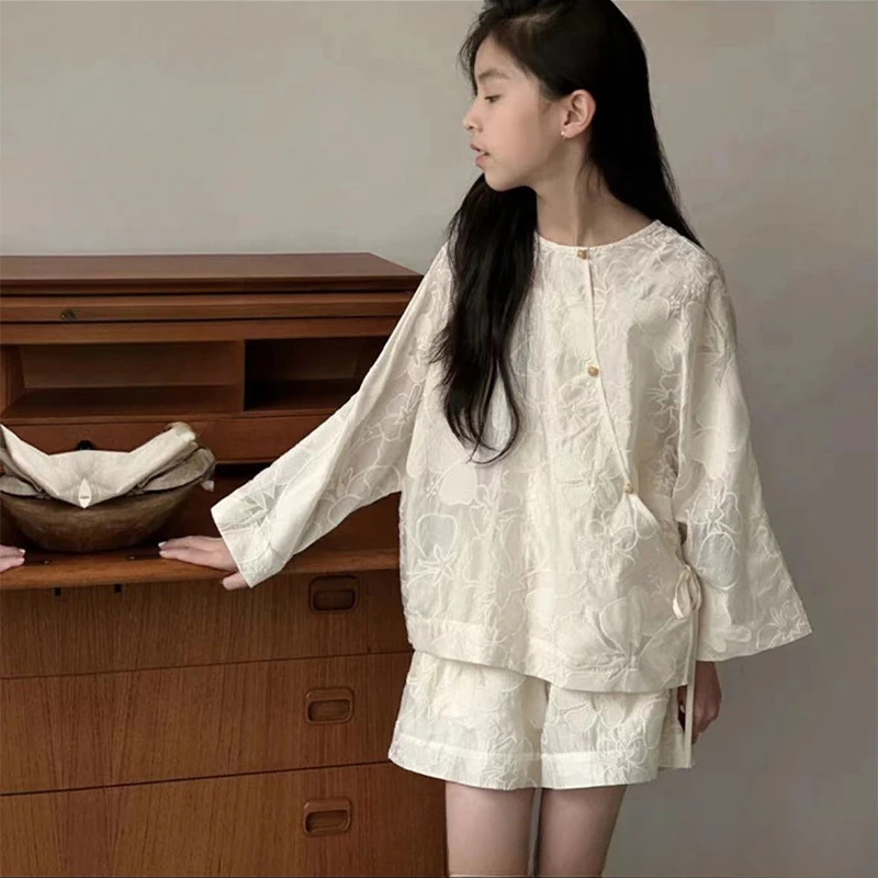 

Летние костюмы для девочек Hanfu в китайском стиле, новинка 2024, детское летнее жаккардовое платье в китайском стиле, комплект из трех предметов для девочек, в зарубежном стиле