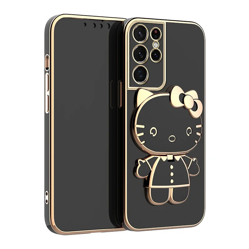 Funda de teléfono chapada de Hello Kitty para Samsung Galaxy, cubierta con soporte de espejo, A25, A35, A55, A15, A13, A23, A33, A53, A73, A12, A22, A32, A52, A72