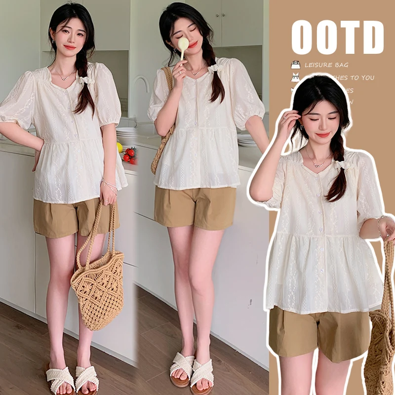 Maternity Tops+Pants Two-piece Maternity Clothes Lantern Sleeve Korean Clothes Loose Belly Support Pants