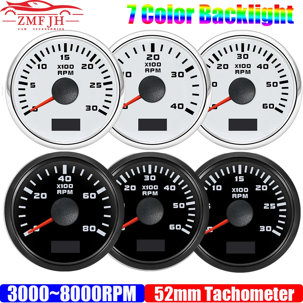 2" 52mm Engine Tachometer 7 Color Light 3000,4000,6000,7000,8000 RPM Meter Hourmeter Marine Boat Car 12V24V Waterproof IP67 Custom