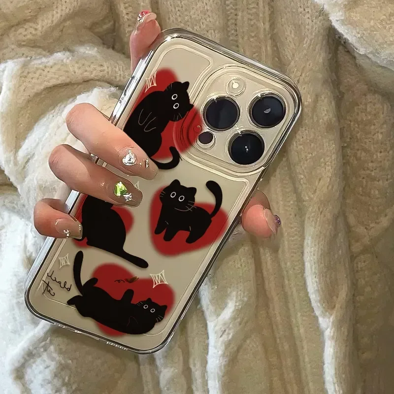 Ins Lovely Love Heart Black Cat Phone Case For iPhone 17 16 Pro