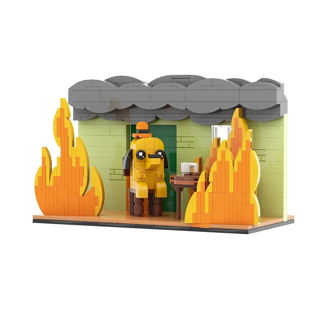

Gobricks MOC This Is Fine-Meme Vignette Blocks set Anime Cartoon Hound Dog Flame Chair Comic Animals Creativity Model Brick Gift