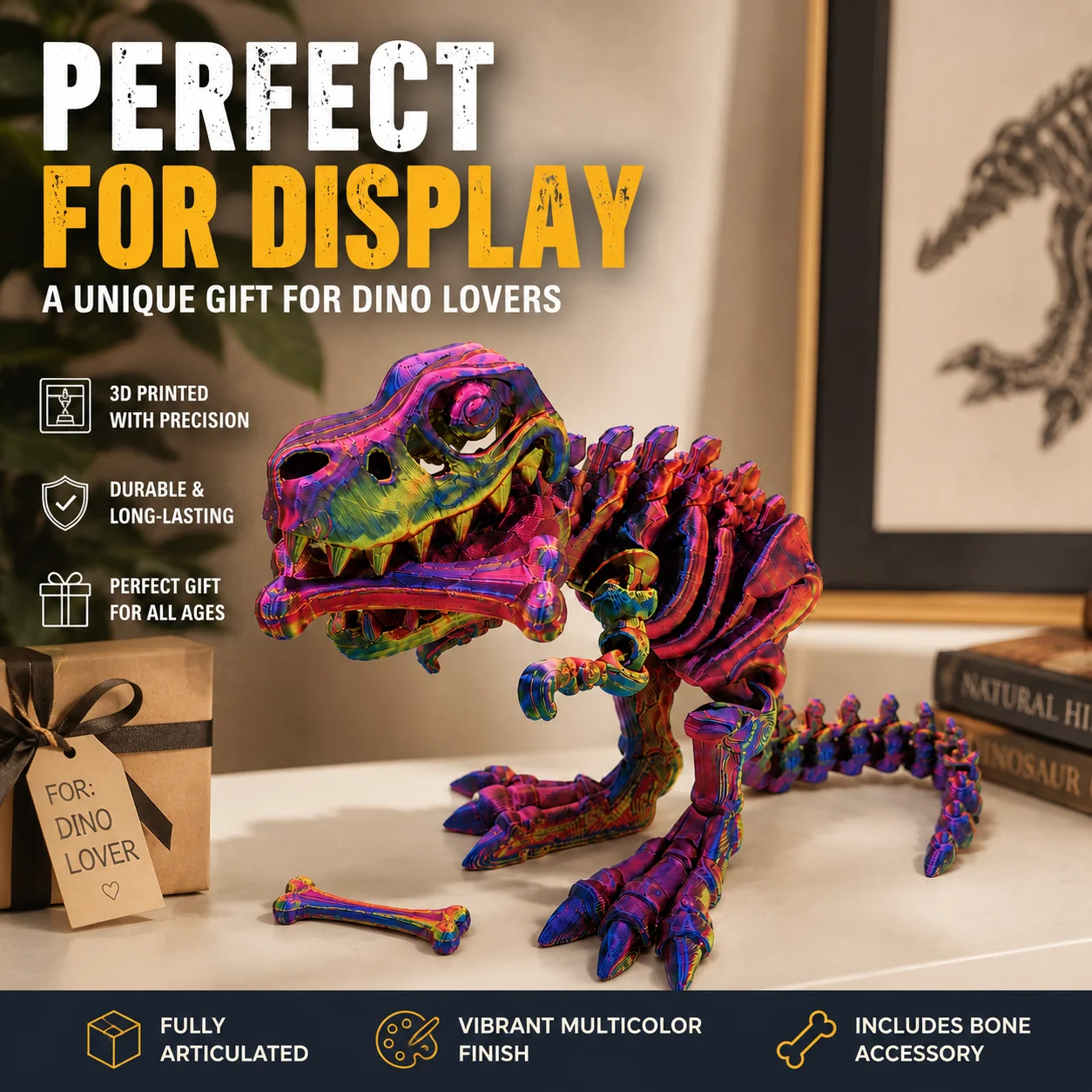 Articulated T-Rex Skeleton Dinosaur Toy with Bone Accessories, Multi-Color Gradient, Festive Gift Edition