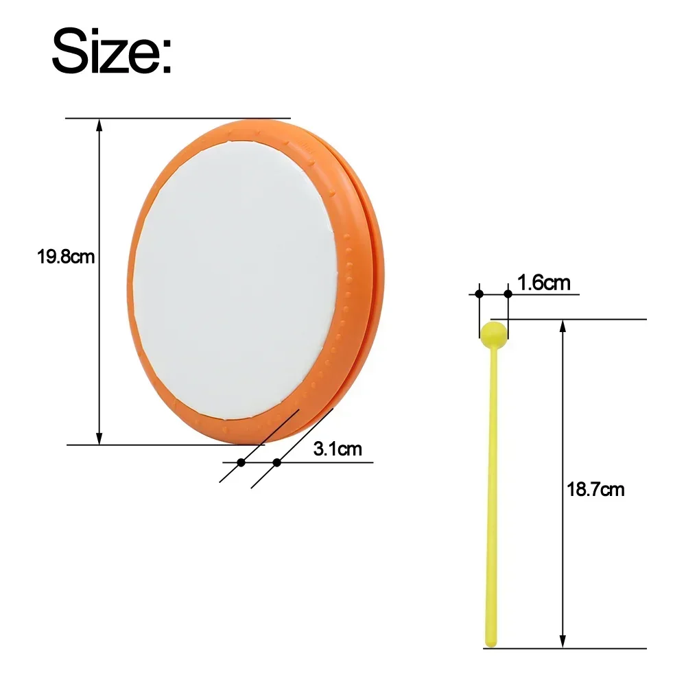 Orff Tambourine Orange Plastic Drum Tambourine With Drumsticks Rhythm Practice Portable Percussion Musical Early Music Education