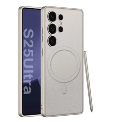 Luxury Original Leather Phone Case with MagSafe Protective Cover and Built-in Magnetism for Galaxy S25 Ultra (Gray)