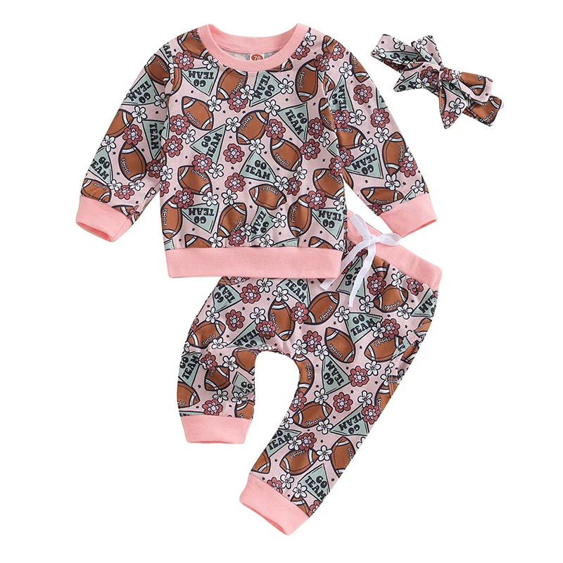 

Baby Girls 3 Piece Clothes Rugby Print Long Sleeves Sweatshirt and Elastic Pants Cute Headband Fall Outfits Set