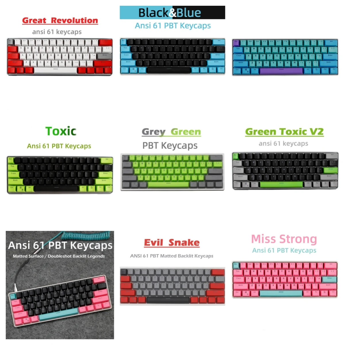 

61 Keys PBT Double Shot Backlit Keycaps Set OEM Profile for MX Mechanical Gaming Keyboard ANSI GH60 RK61/ALT61/Annie/poker GK61