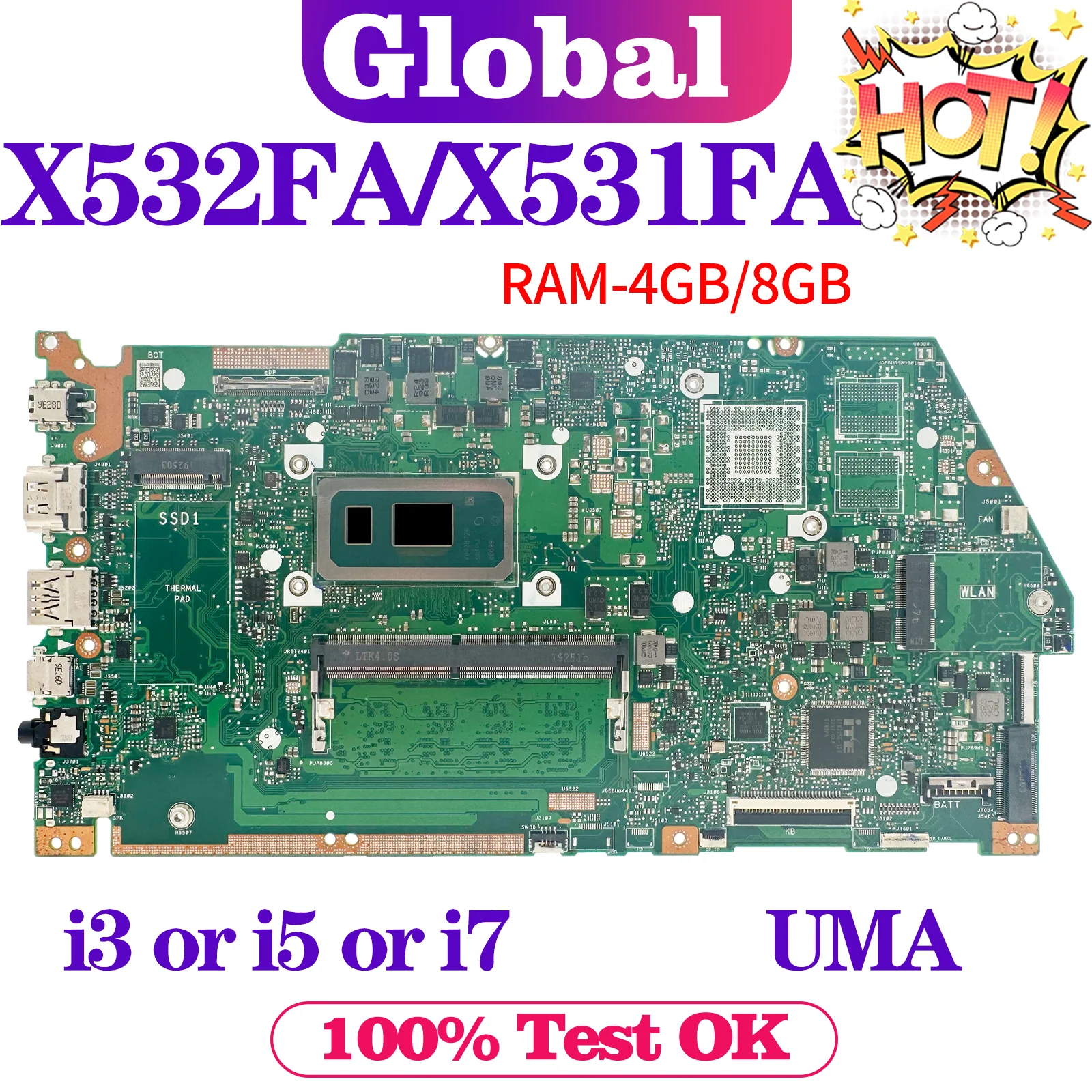 

X532FA X531FA Mainboard For ASUS X532FL X532FLC X532FAC X532F X531F S531F K531F V531F S532F K532F V532F Laptop Motherboard