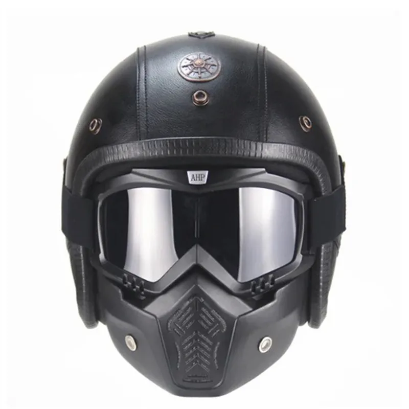 

Motorcycle Helmet Vintage Motorcross Leather Kask For Harley Davidson Scooter Motorbike Riding Helmet Safety Cap with Goggles