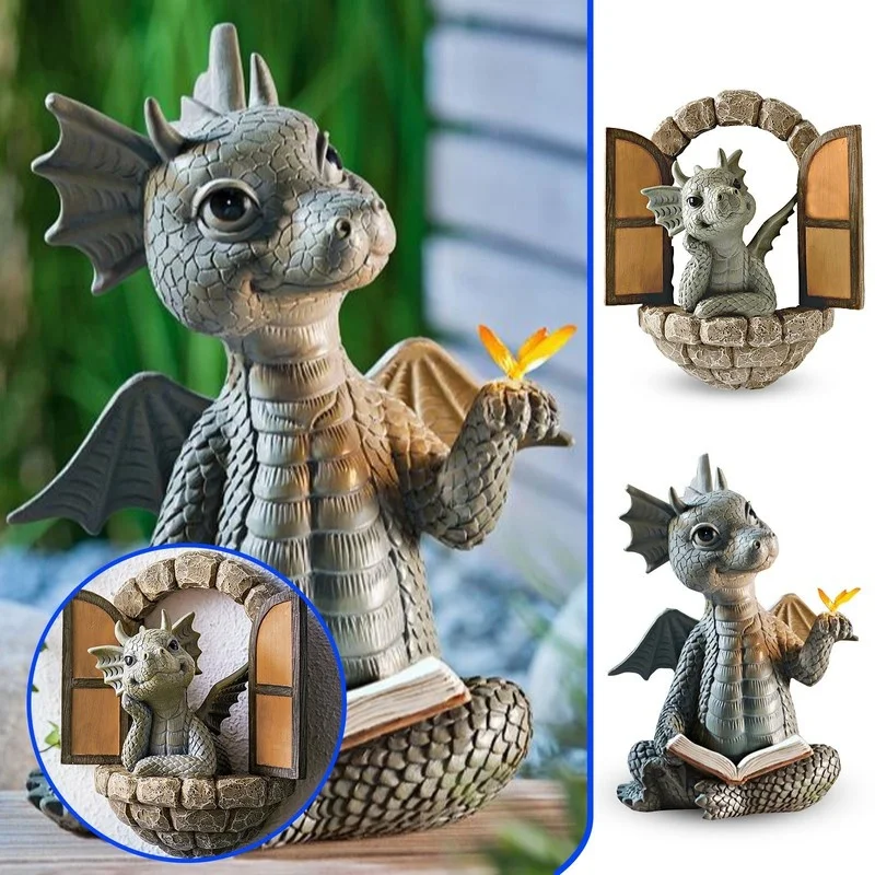 

Cute Little Dragon Dinosaur Meditation Reading Book Sculpture Figure Garden Home Decoration Resin Ornament Outdoor Decor