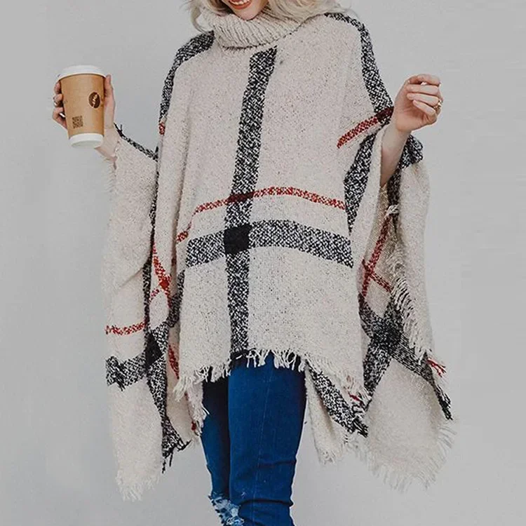 

Women's Sweater Fall/Winter 2024 Elegance Sexy Mid-length Half High Collar Fringe Loose Cape Shawl Plaid Print Knitwear Casual