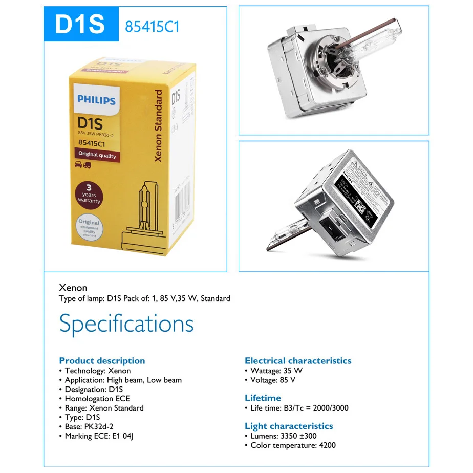 2X Philips HID D1S 35W Xenon Standard Bulbs 4200K White Auto Lamps