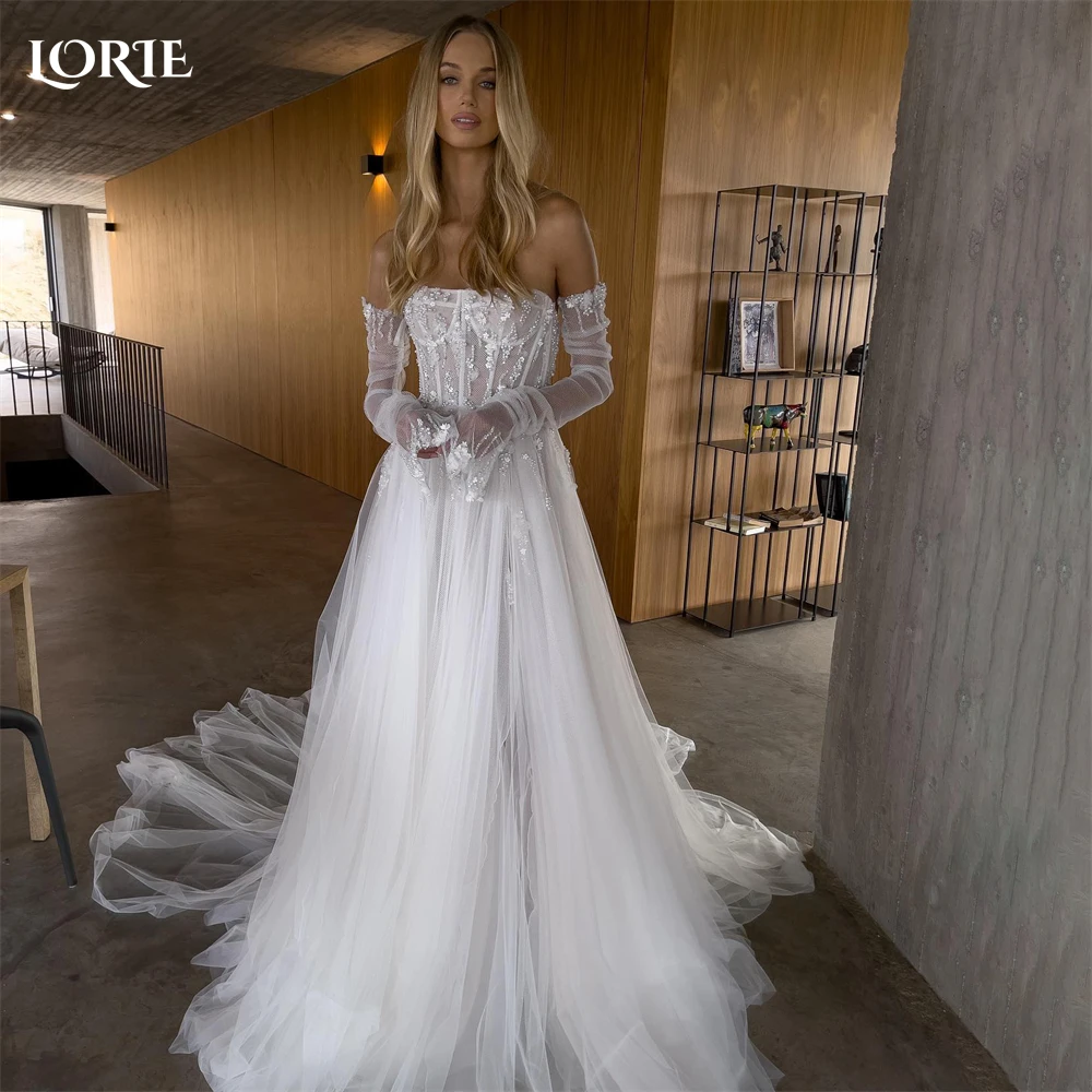 

LORIE Vintage Glitter Lace Wedding Dresses Off Shoulder Appliques A-Line Shiny Bridal Gowns Long Sleeves Backless Bride Dress