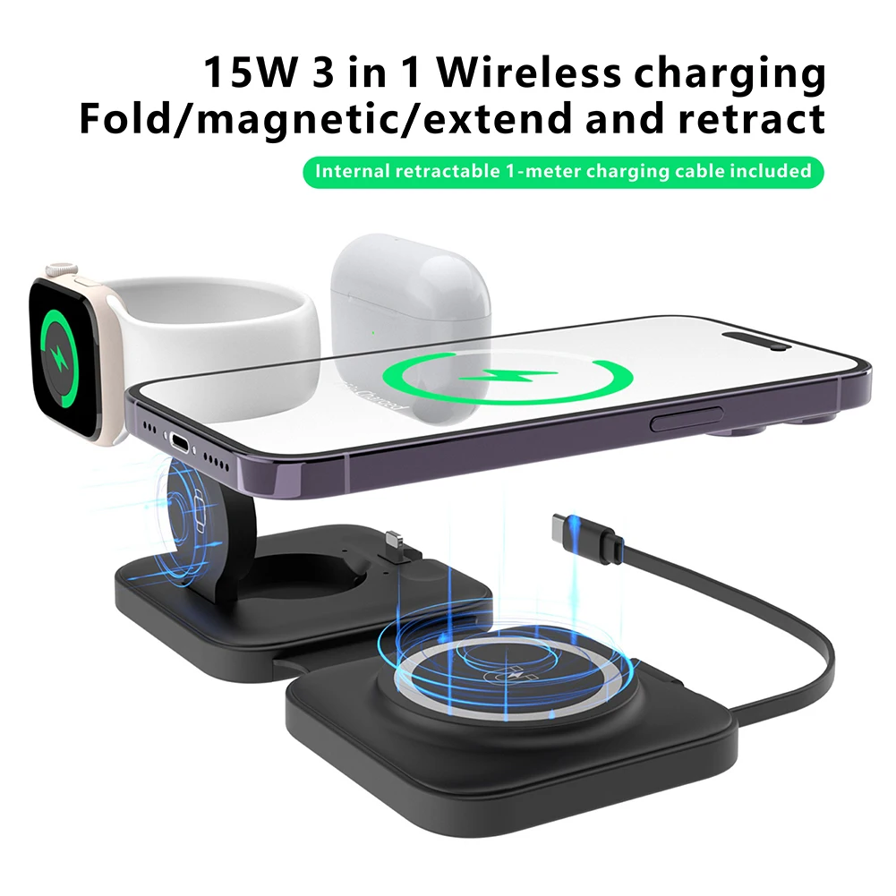 

15W 3 in 1 Magnetic Wireless Charger Pad Stand for iPhone 14 13 12 Pro Max Fast Charging Dock Station for Apple Watch/AirPods