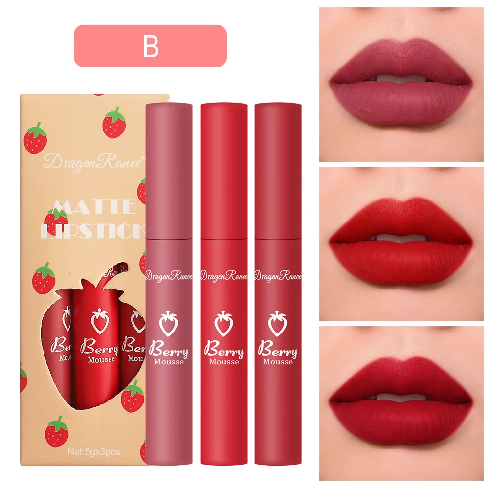 thumbnail image 1 of 3 pcs Strawberry Lip Glaze Set Velvet Matte Liquid Lipstick Lipstick Non stick Cup, 1 of 5