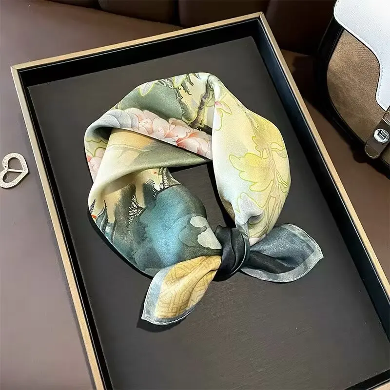 100% Pure Silk Floral Square Scarf Women Neck Hair Bandana