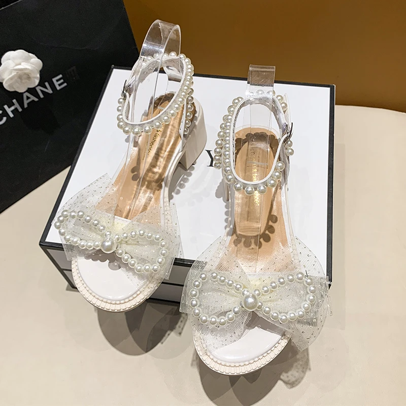 Pearl Bow Lace Mid-heel Chunky Summer One-line Buckle All-in-one High Heels Female Fairy Sandals 2021 summer new one line buckle open toe high heel thick heel sandals pu decor fashion hot sale women shoes high heel