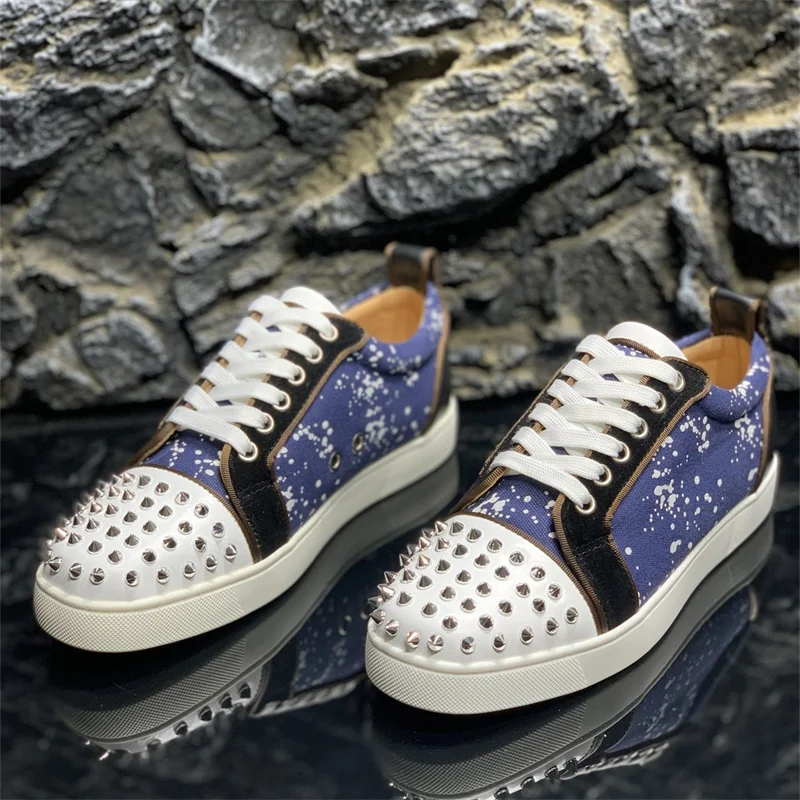 Luxury Designer Blue White Spots Leather Red Bottoms Low Top Rivets Shoes  For Men's Casual Flats Loafers Women's Spikes Sneakers