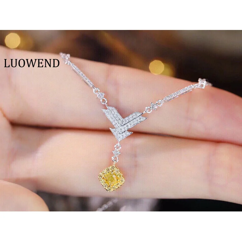 

LUOWEND 18K White Gold Necklace Elegant Y-Shape Real Natural Yellow Diamond Pendant Necklace for Women Gentle Style High Jewelry