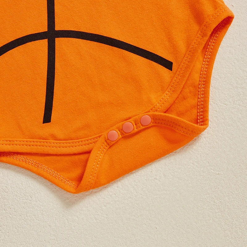FOCUSNORM 0–12 Monate Neugeborenes Baby, Jungen, Sommer-Strampler-Outfits, Basketball-Aufdruck, kurze Ärmel, Rundhals-Overalls mit Hut, 2-teiliges Set – Detail 7