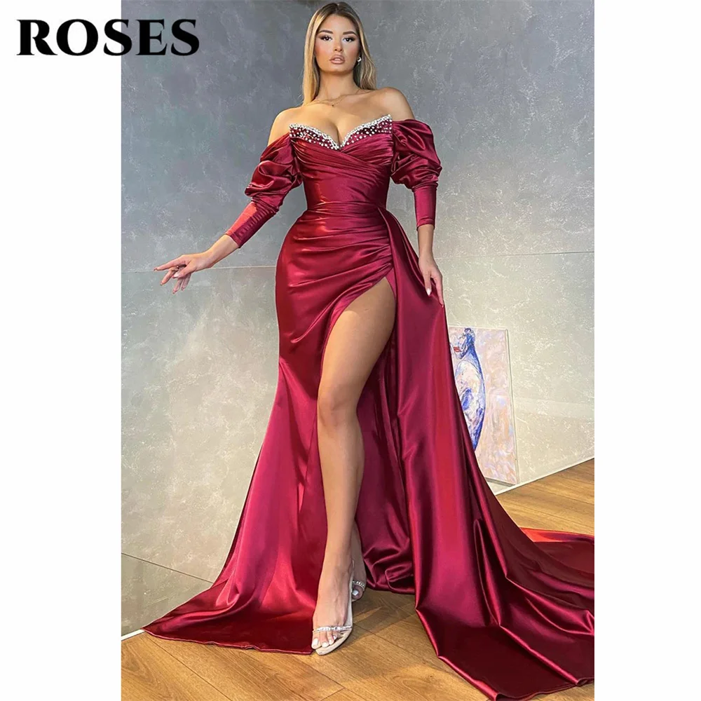 

ROSES Burgundy فستان سهرة Off The Shoulder Sweetheart Satin Evening Dress With Sleeves Beaded Party Dress High Split Prom Dress