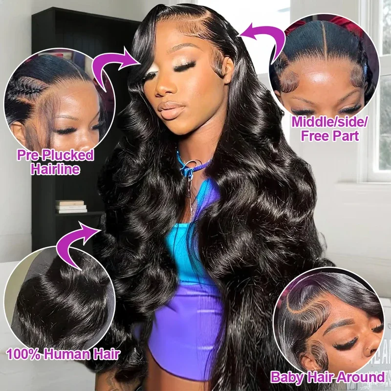 Super Thick 250 Density Body Wave Wig 13x4 HD Transparent Lace Front Human Hair Wig Natural Hairline for Party & Wedding
