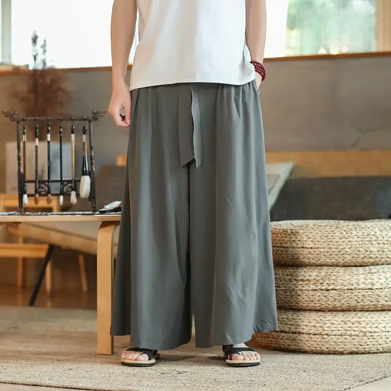 Cool Brown Chinese Button Patchwork Ice Silk Men Crop Pants Summer SA061 main image 0