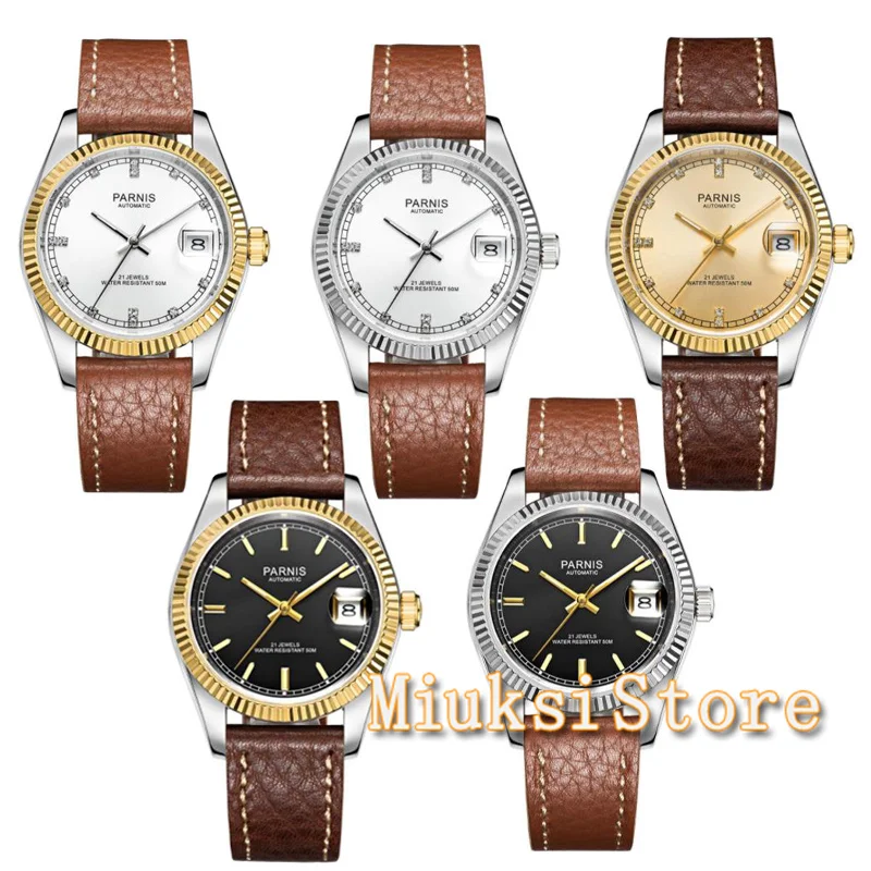 

Parnis 36mm Mens Automatic Watch21 Jewels Sapphire Glass Miyota 821A Luxury 5ATMGold/Black/Silver Dial Unisex Date Leather Strap