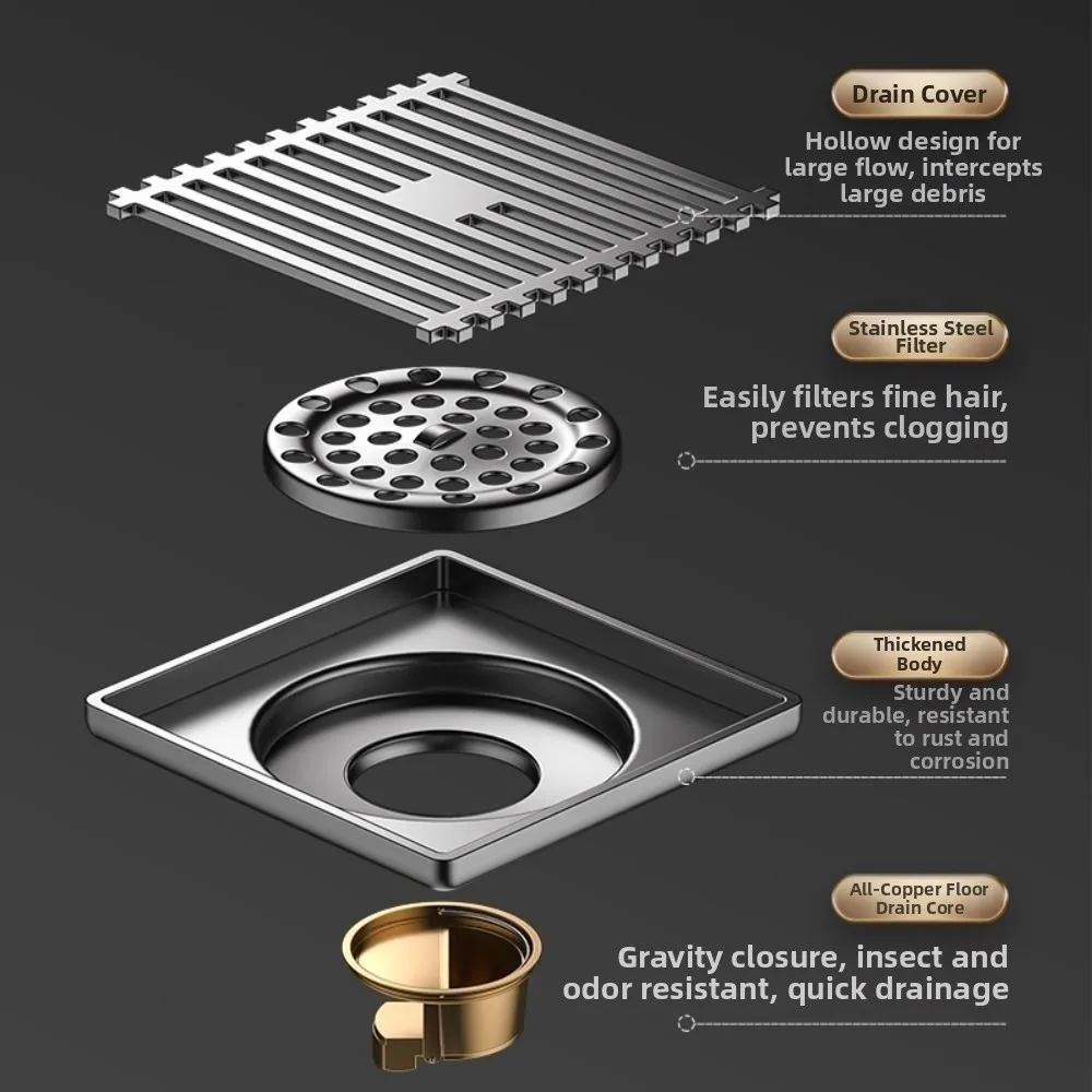 Anti-Odor Stainless Steel Floor Drain Dual Use Thickened Drain Valve Cover Prevent Backflow All Copper Drain Core