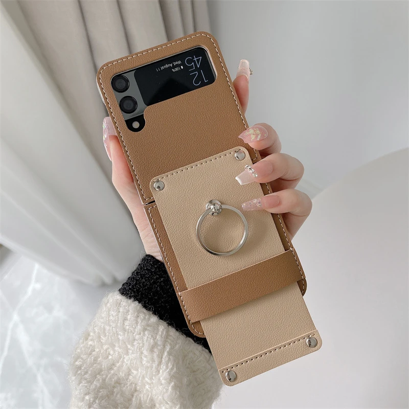 z flip3 cover Luxury Ring Case For Samsung Galaxy Z Flip 3 2022 Fashion PU Leather Anti-knock Phone Protective Cover Coque on Z Flip3 5G samsung galaxy z flip3 phone case