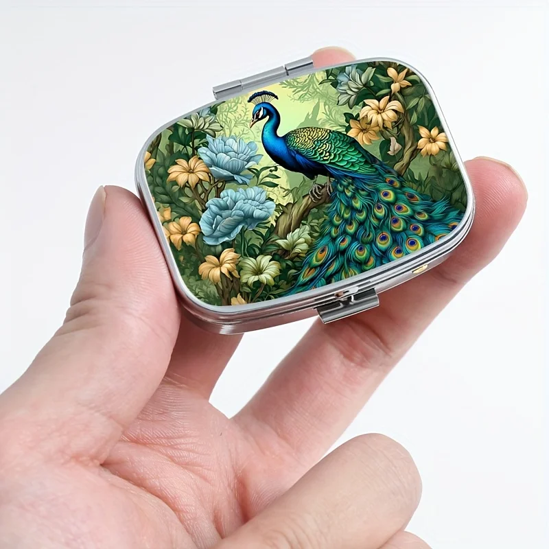 Tropical Style 2-Grid Peacock Pattern Pill Box Stylish Portable Pill Box Perfect for Pocket or Purse Durable Vitamin Storage Box