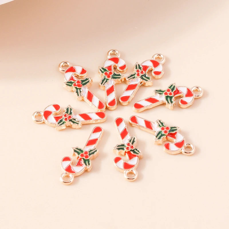 10pcs Cute Enamel Christmas Candy Cane Charms for Earrings Pendants Necklaces Chriatmas Charms DIY Jewelry Making Accessories