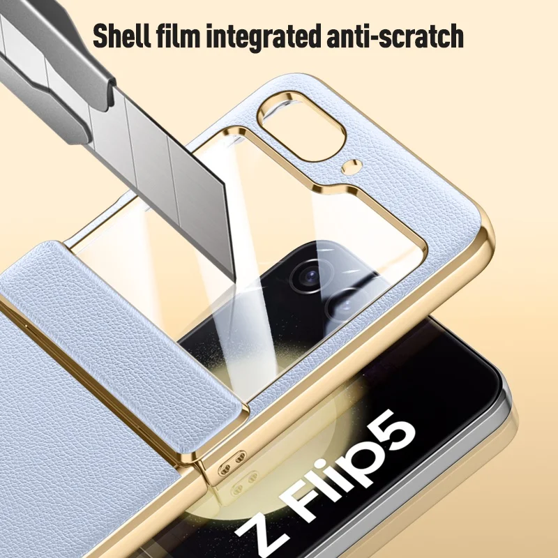 Skin Sensitive Hinge Case For Samsung Galaxy Z Flip 5 Electroplated Plating frame Folding Shockproof Hard Cover With Glass Film