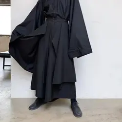 Casual Wide-leg Pants Mens Dark Black Casual Fake Two-piece Culottes Solid Irregular Loose Trousers Streetwear Samurai Pants