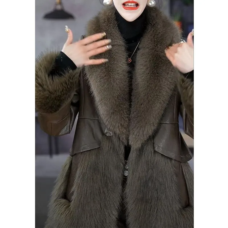 2023 Winter New Women Fur One Fur Down Jacket Slim Overcoat Thick Outwear Padded Warm White Duck Down Jacket