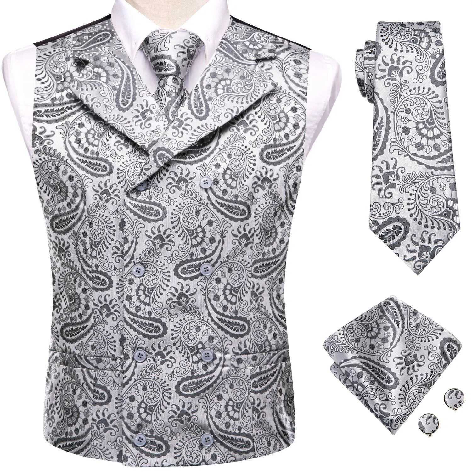 

Hi-Tie Silk Vests Men Classic Grey White Lapel Paisley Jacquard Waistcoat Jacket NeckTie Hanky Cufflinks for Male Business Party