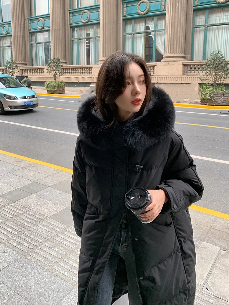 Mid-Length White Duck down Winter Thermal Slim Fit Milk Tea below the Knees Waist Trimming Coat down Jacket for Women