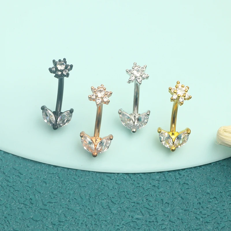 Sexy Navel Piercing Belly Button Rings Bar Crystal Zircon Dangling Ombligo Party Stud Barbell for Woman Body Jewelry 14g Flowr