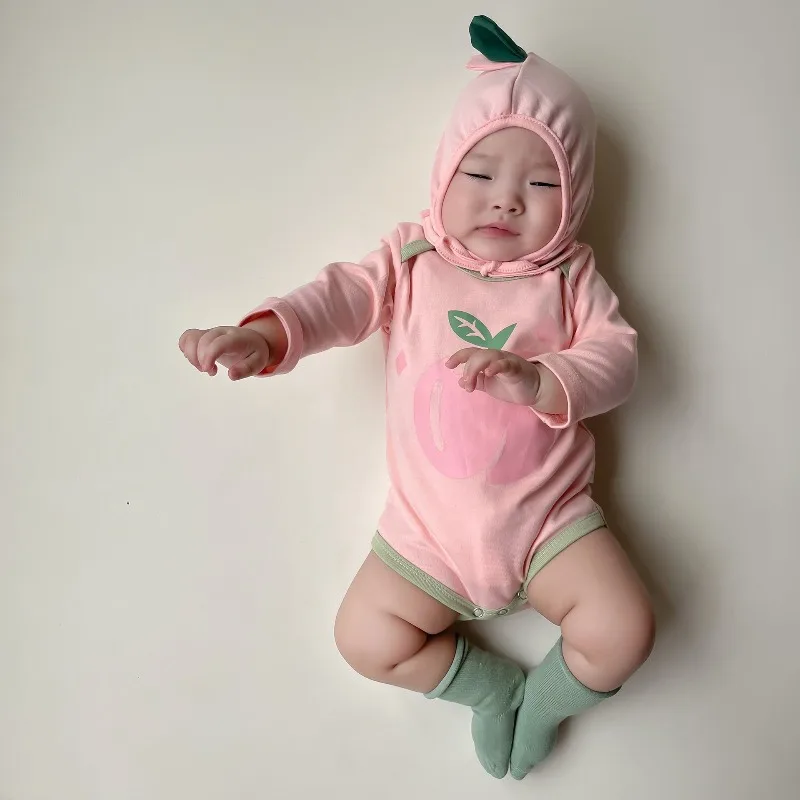 Korean Baby Bodysuit Lovely Peach Onesie Long Sleeve Kawaii Cute Fruit Printed Romper Cotton Soft Infant Baby Boy Girl Clothes - Image 5