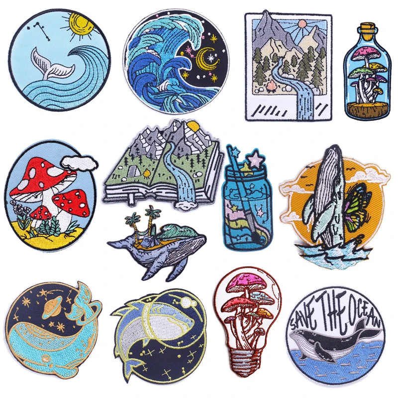 

Pastoral Scenery Patch Sunny Cloudy Expression Embroidery Patches for Clothing Thermoadhesive Sea Wave Patch Mushroom Appliques
