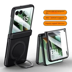 Premium Magnetic Metal Holder Case with Tempered Glass Protection and Spring Hinge Cover for Motorola razr 2024 (Black HD Glass)